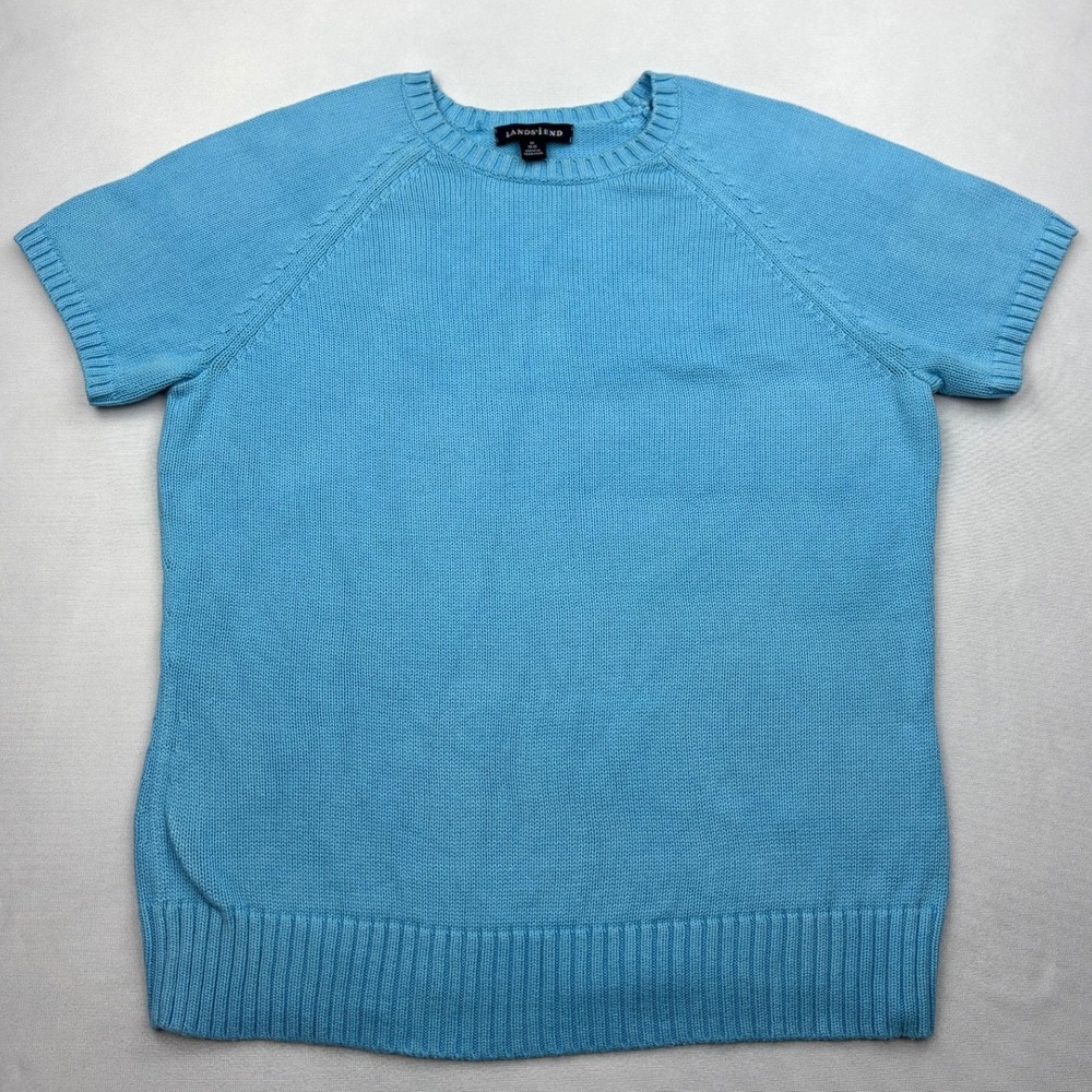 Lands End Sweater Womens Medium M 10 12 Sky Blue Short Sleeve Cotton Pullover